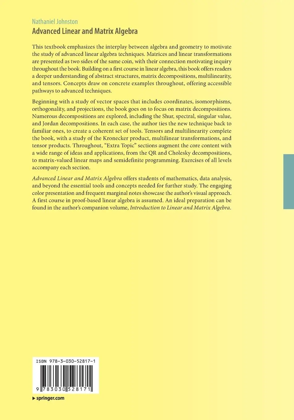 Rückseite: 9783030528171 | Advanced Linear and Matrix Algebra | Nathaniel Johnston | Taschenbuch