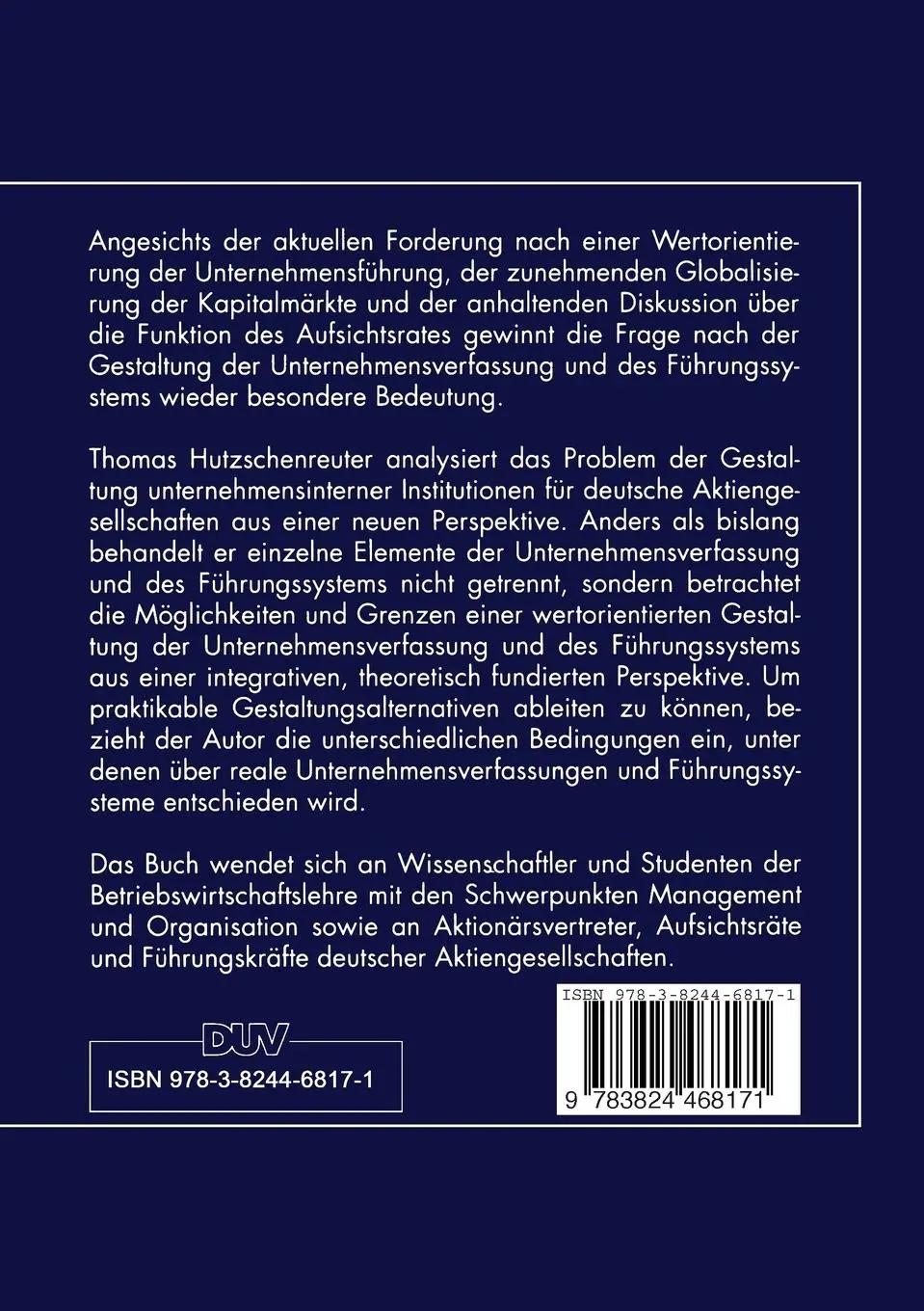 Rückseite: 9783824468171 | Unternehmensverfassung und Führungssystem | Thomas Hutzschenreuter