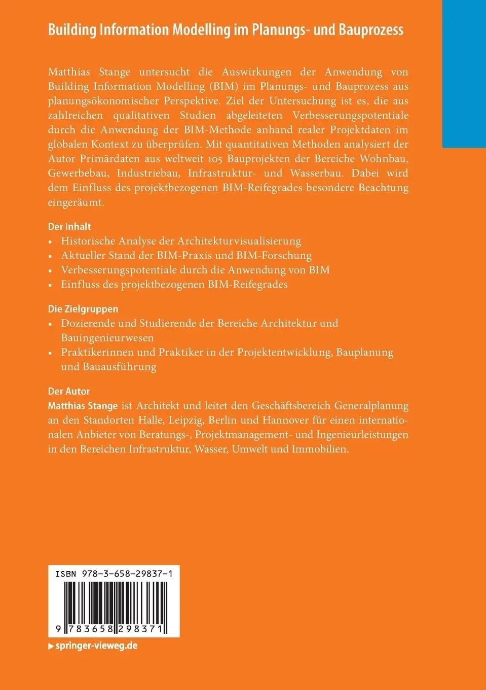 Rückseite: 9783658298371 | Building Information Modelling im Planungs- und Bauprozess | Stange