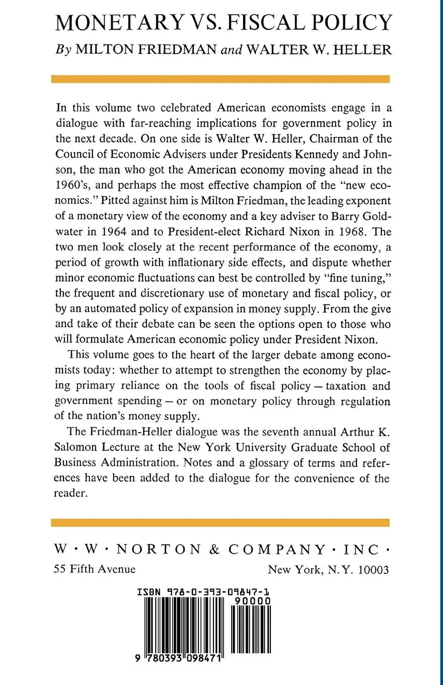 Rückseite: 9780393098471 | Monetary vs. Fiscal Policy | A Dialogue | Milton Friedman (u. a.)