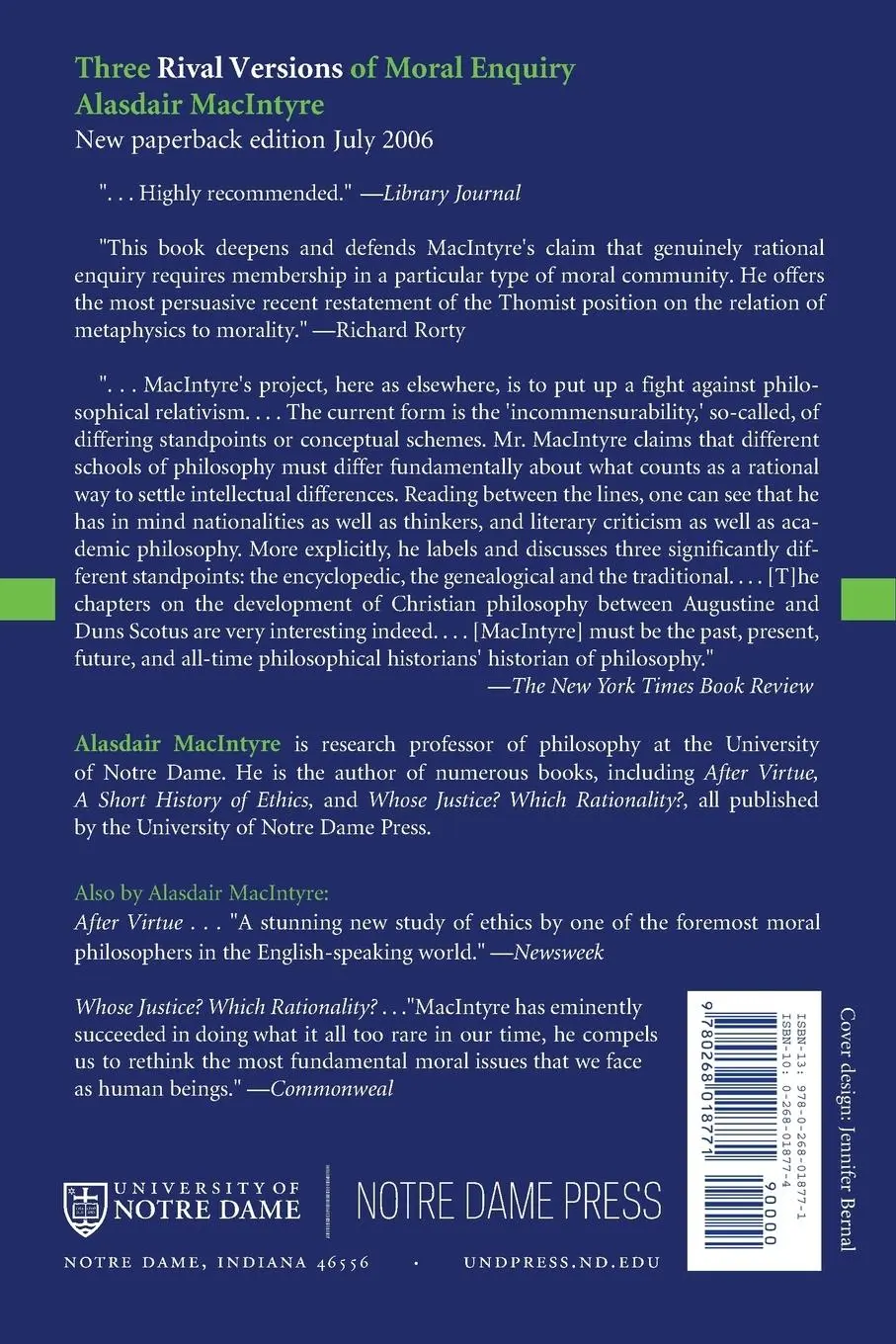 Rückseite: 9780268018771 | Three Rival Versions of Moral Enquiry | Alasdair Macintyre | Buch