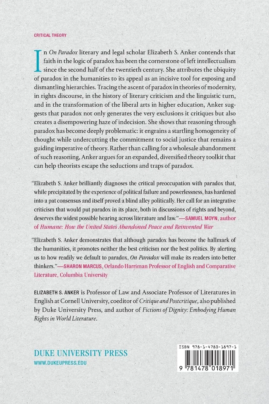 Rückseite: 9781478018971 | On Paradox | The Claims of Theory | Elizabeth S. Anker | Taschenbuch