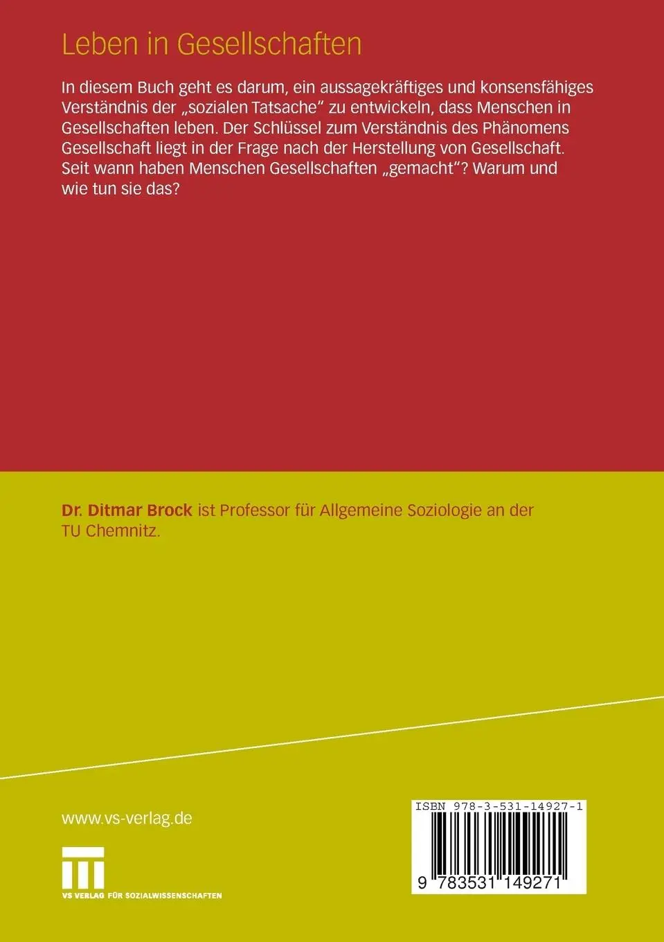Rückseite: 9783531149271 | Leben in Gesellschaften | Ditmar Brock | Taschenbuch | viii | Deutsch