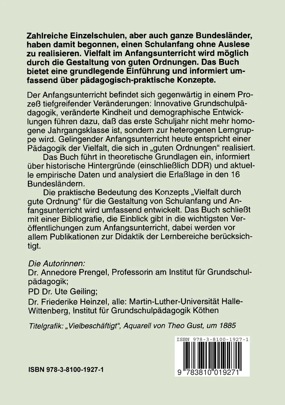 Rückseite: 9783810019271 | Vielfalt durch gute Ordnung im Anfangsunterricht | Annedore Prengel