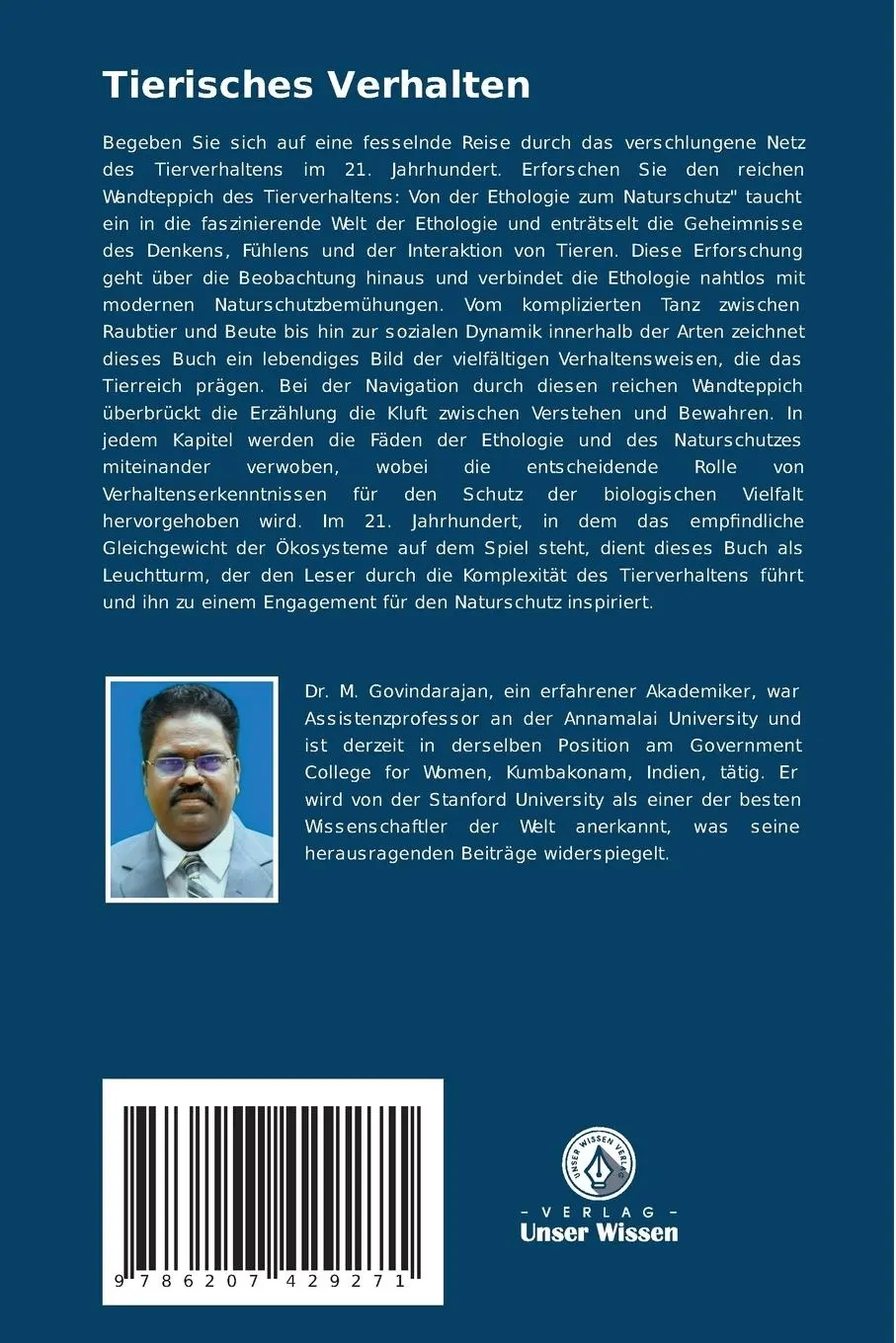 Rückseite: 9786207429271 | Tierisches Verhalten | Ethologie und Naturschutz | M. Govindarajan