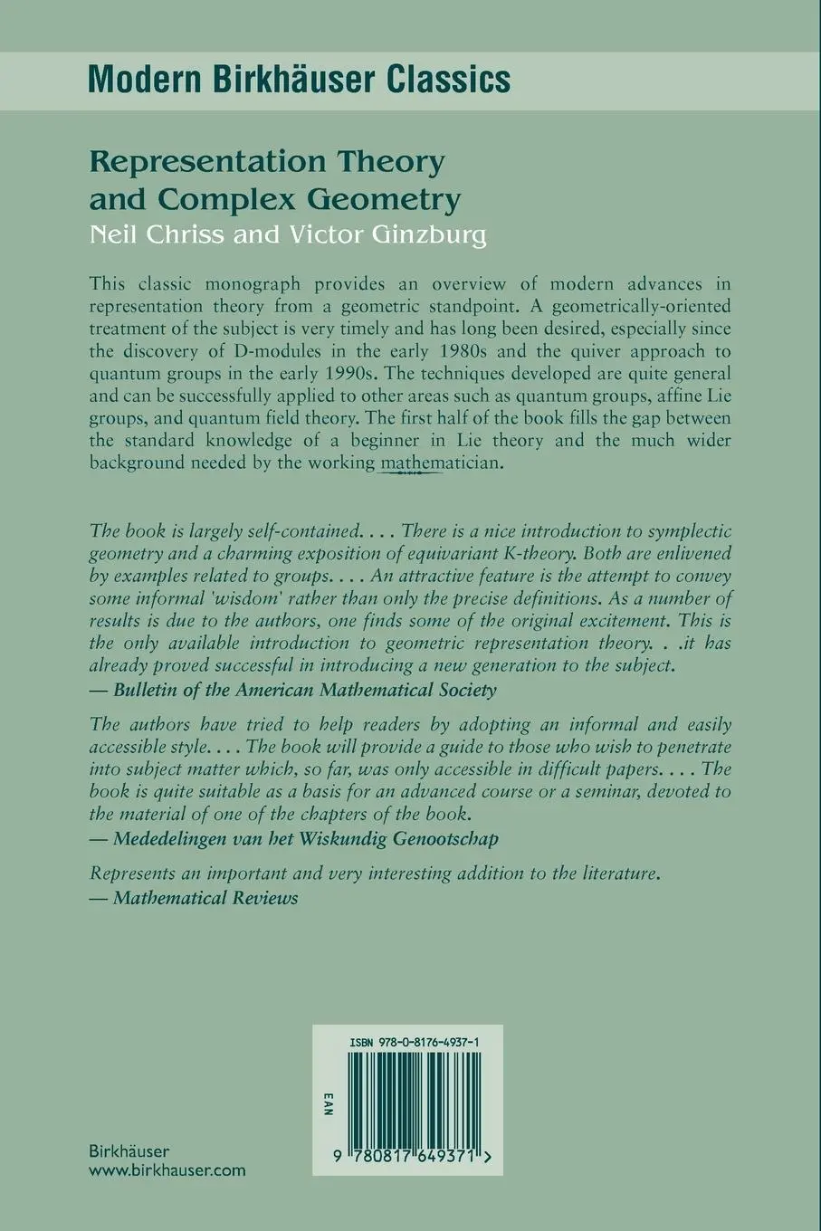 Rückseite: 9780817649371 | Representation Theory and Complex Geometry | Neil Chriss (u. a.) | x Rückseite: 9780817649371 | Representation Theory and Complex Geometry | Neil Chriss (u. a.) | x