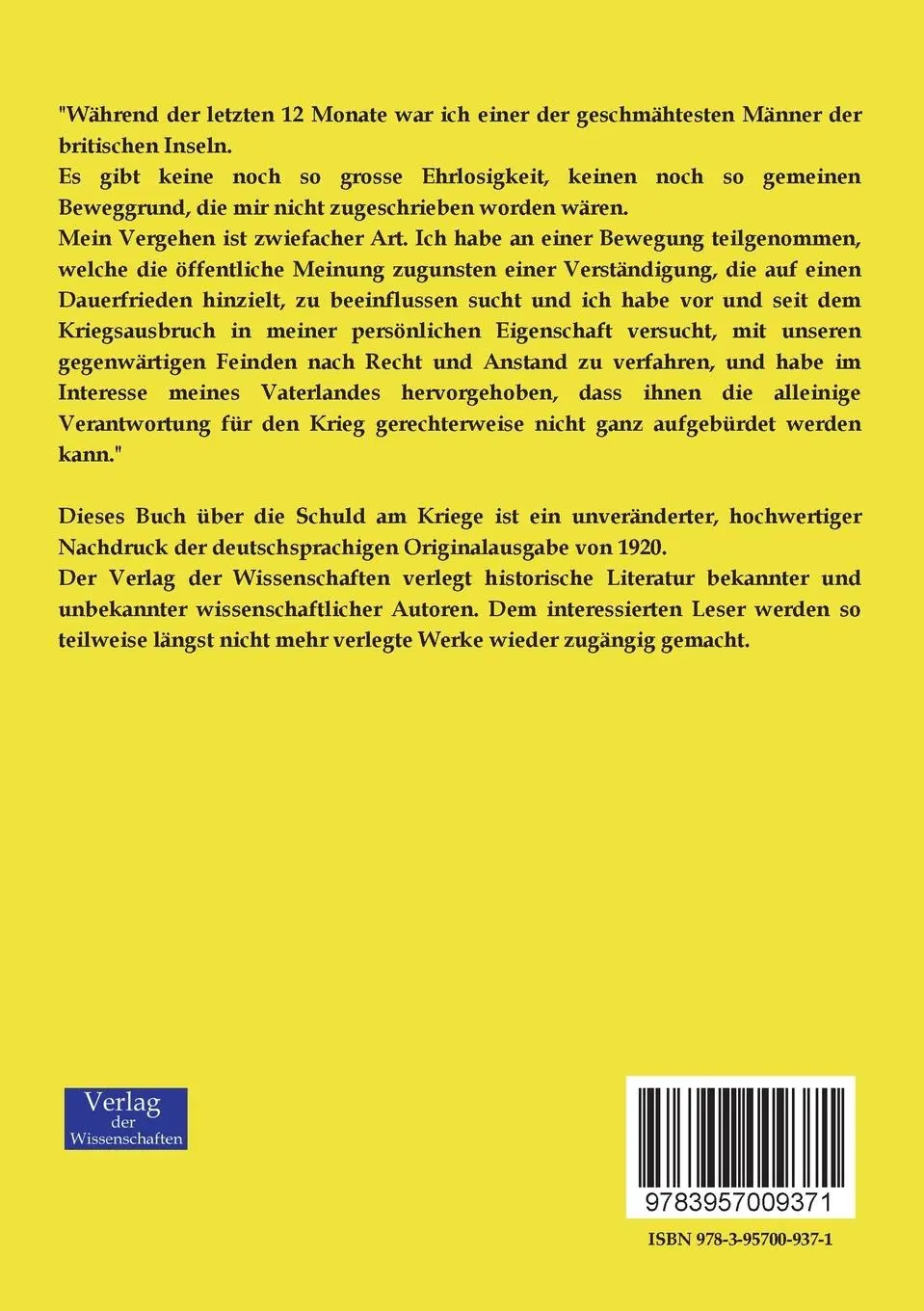 Rückseite: 9783957009371 | Ein gerechter Engländer über die Schuld am Kriege | Edmund Dene Morel