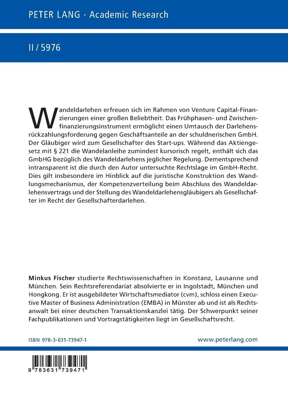 Rückseite: 9783631739471 | Das Wandeldarlehen in Venture Capital-Finanzierungen unter...