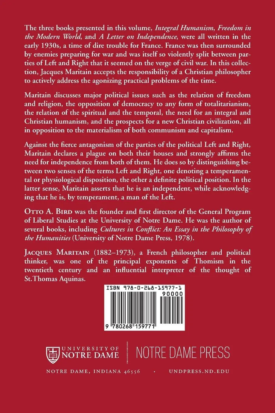 Rückseite: 9780268159771 | Integral Humanism, Freedom in the Modern World, and A Letter on...