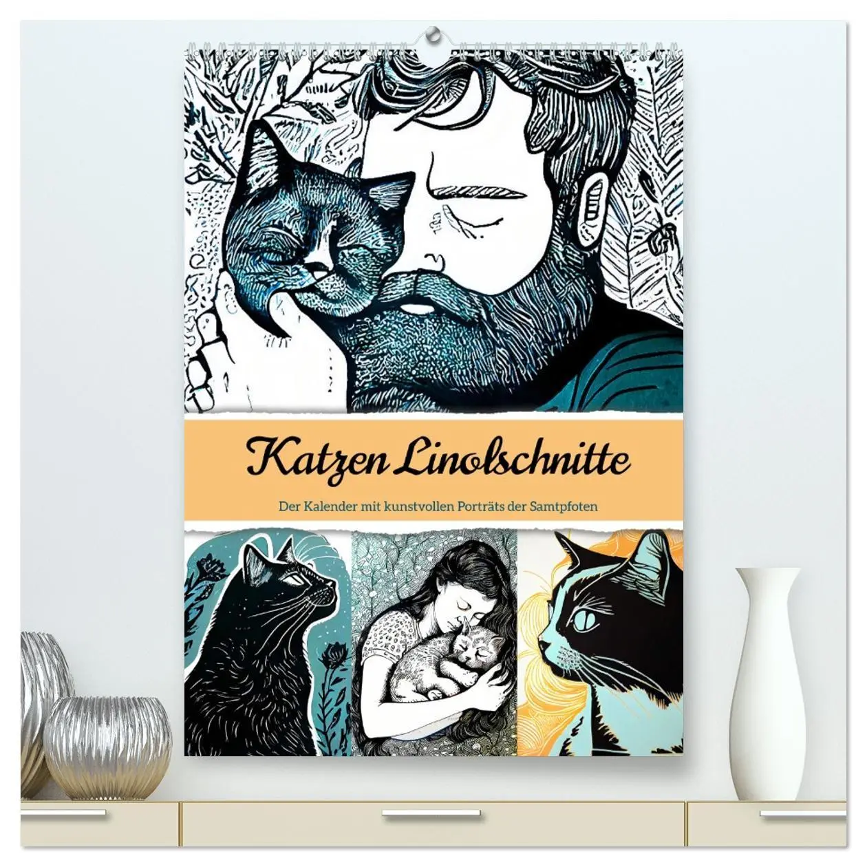 Cover: 9783516329971 | Katzen Linolschnitt - Der Kalender mit kunstvollen Porträts der...