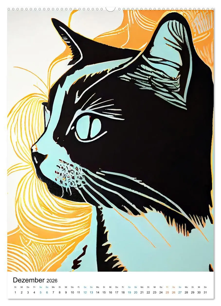 Bild: 9783516329971 | Katzen Linolschnitt - Der Kalender mit kunstvollen Porträts der...