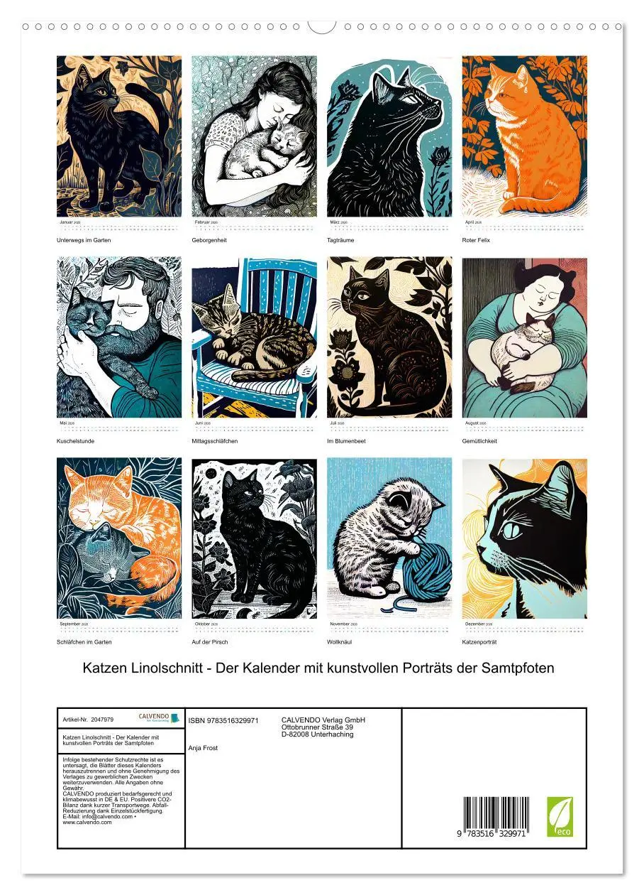 Bild: 9783516329971 | Katzen Linolschnitt - Der Kalender mit kunstvollen Porträts der...