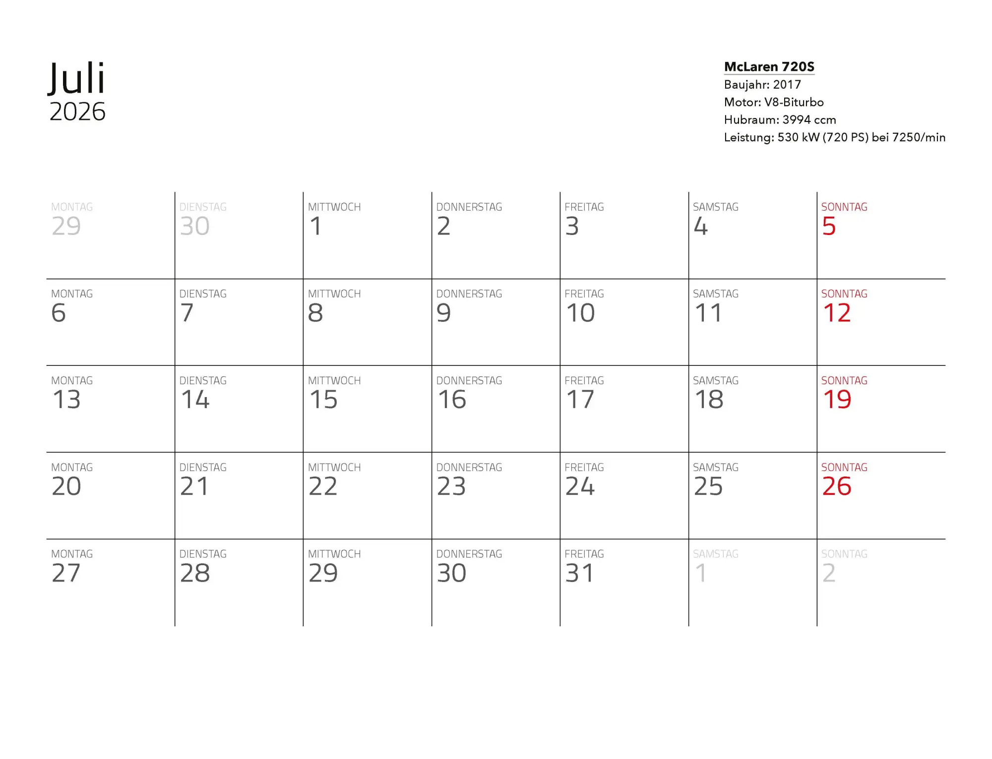 Bild: 9783966649971 | Supersportwagen Kalender 2026 Eintragkalender | Constantin Stein
