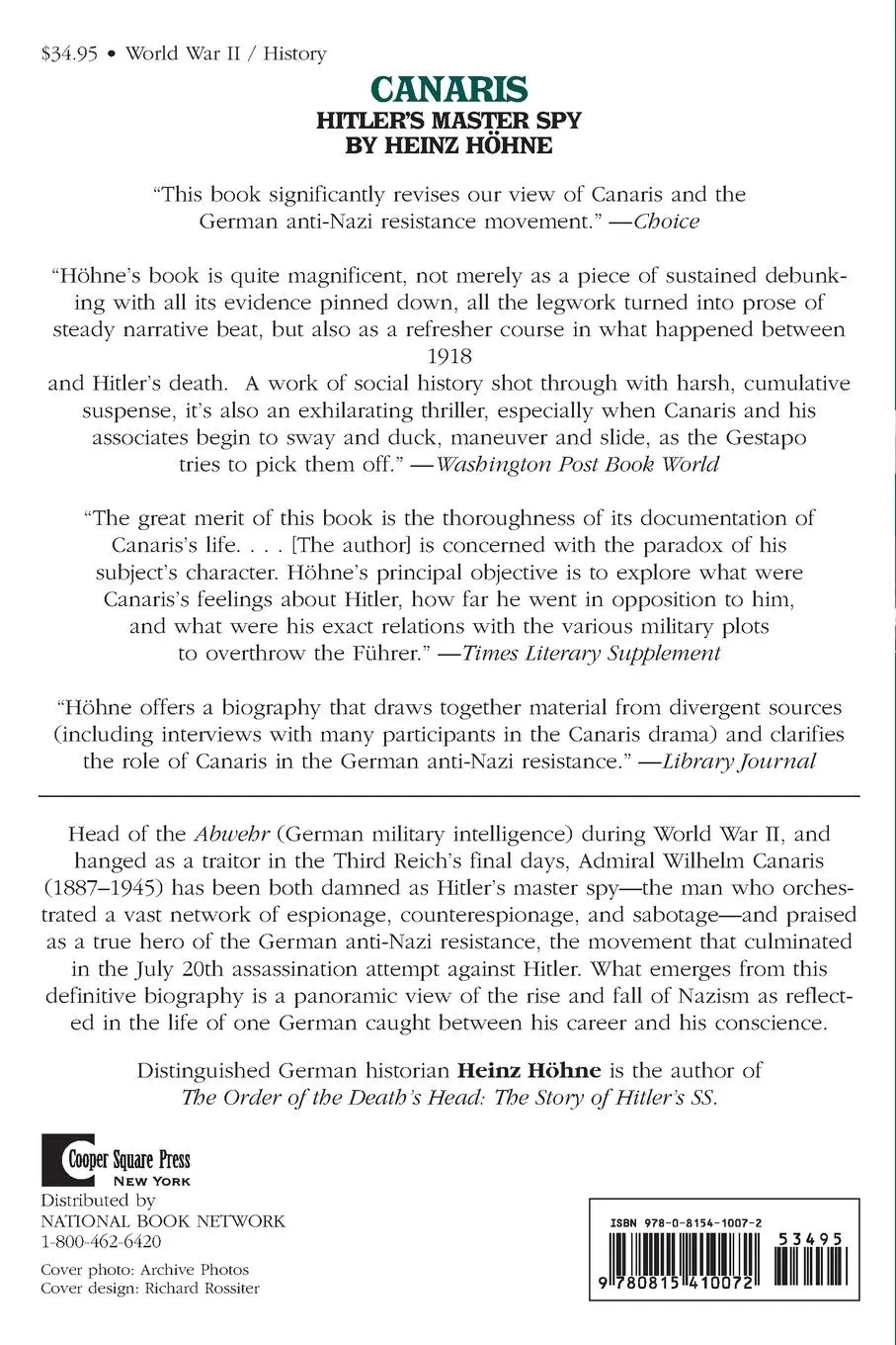Rückseite: 9780815410072 | Canaris | Hitler's Master Spy | Heinz Hohne | Taschenbuch | Englisch