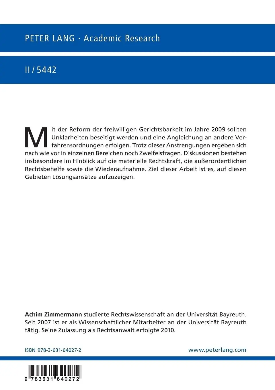 Rückseite: 9783631640272 | Die Abänderbarkeit von Entscheidungen in der freiwilligen...