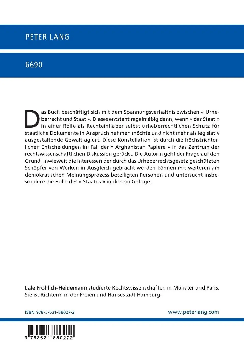 Rückseite: 9783631880272 | Urheberrecht und Staat | Lale Fröhlich-Heidemann | Taschenbuch | 2022