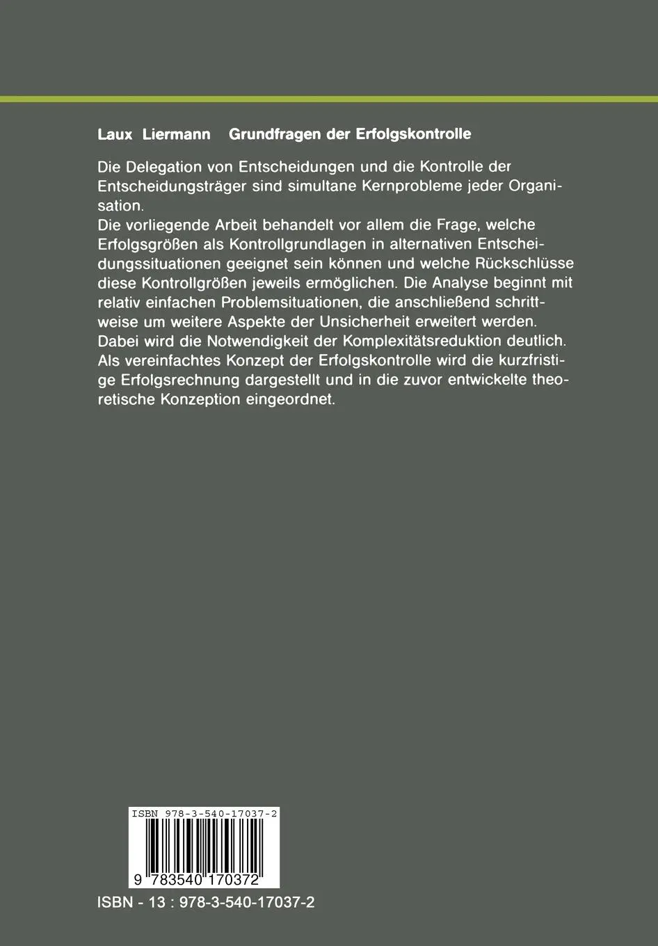 Rückseite: 9783540170372 | Grundfragen der Erfolgskontrolle | Helmut Laux (u. a.) | Taschenbuch