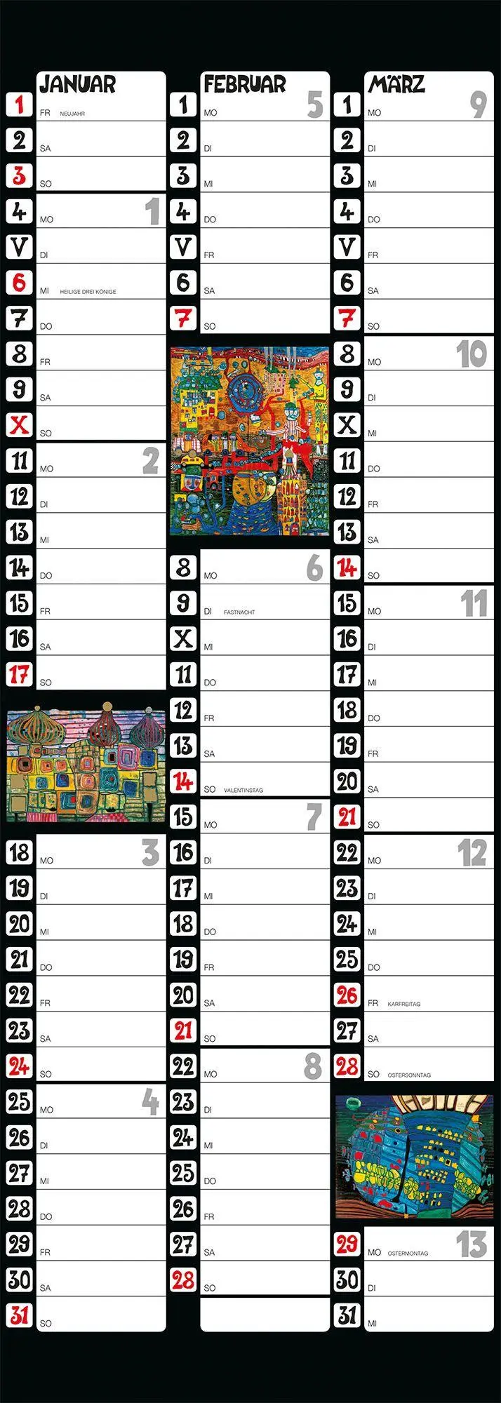 Bild: 9783910430372 | Hundertwasser Streifenkalender Art 2027 | Wörner Verlag GmbH | 5 S.