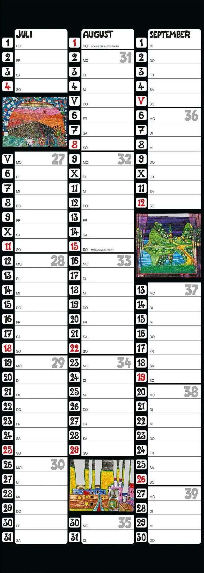 Bild: 9783910430372 | Hundertwasser Streifenkalender Art 2027 | Wörner Verlag GmbH | 5 S.