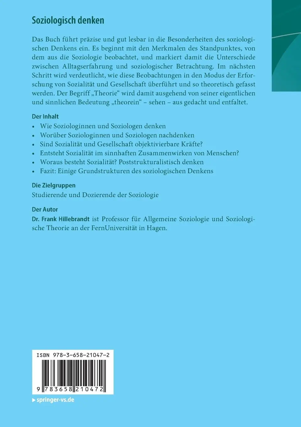 Rückseite: 9783658210472 | Soziologisch denken | Grundlagen und Theorien | Frank Hillebrandt