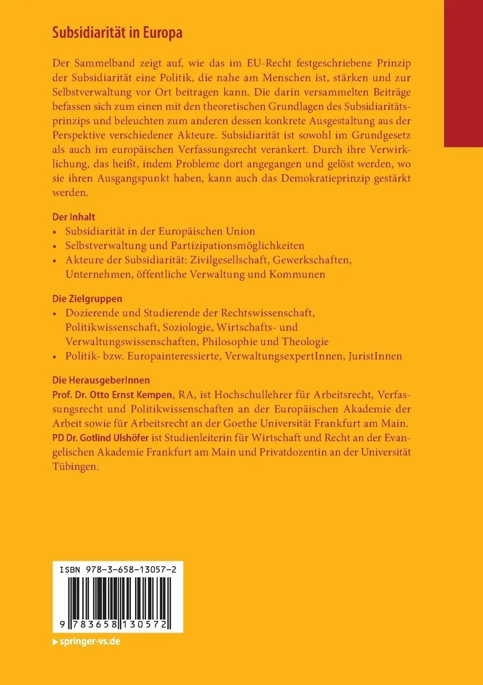Rückseite: 9783658130572 | Subsidiarität in Europa | Otto Ernst Kempen (u. a.) | Taschenbuch | vi