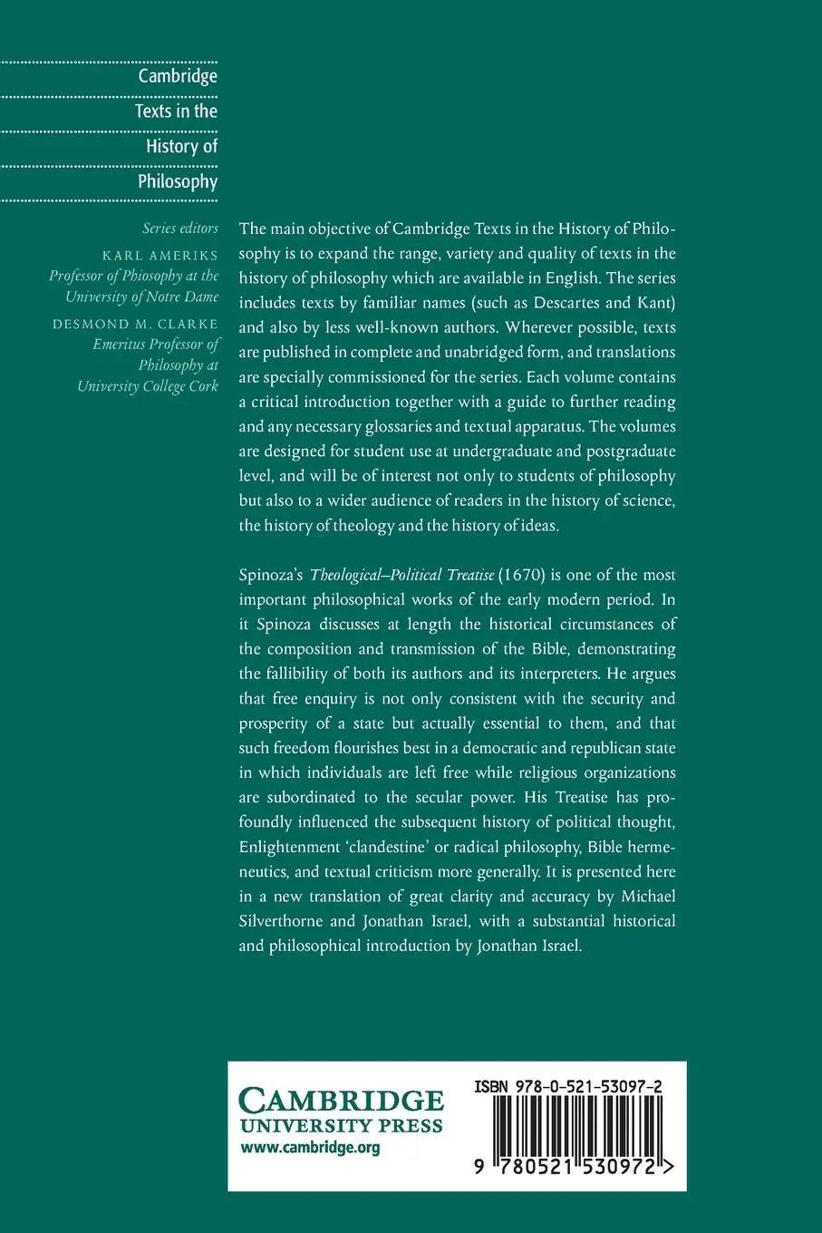 Rückseite: 9780521530972 | Spinoza Theologicl-Politicl Treatse | Jonathan Israel (u. a.) | Buch