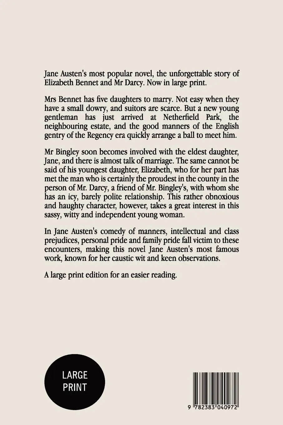 Rückseite: 9782383040972 | Pride and Prejudice | Large Print | Jane Austen | Taschenbuch | 2023