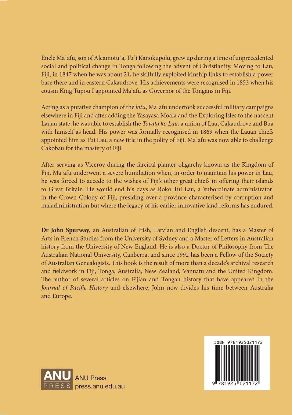 Rückseite: 9781925021172 | Ma`afu, prince of Tonga, chief of Fiji | John Spurway | Taschenbuch