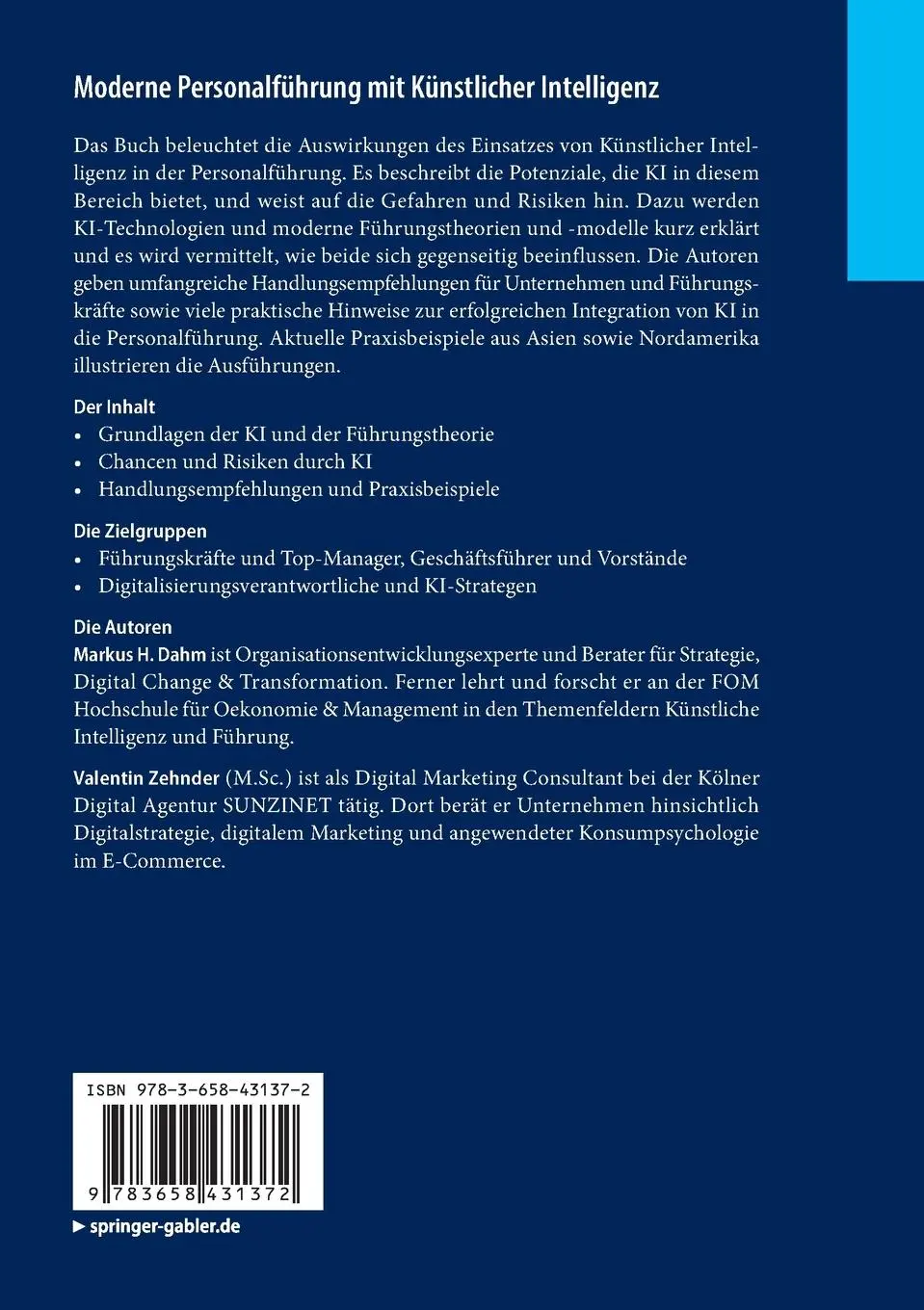 Rückseite: 9783658431372 | Moderne Personalführung mit Künstlicher Intelligenz | Zehnder (u. a.)