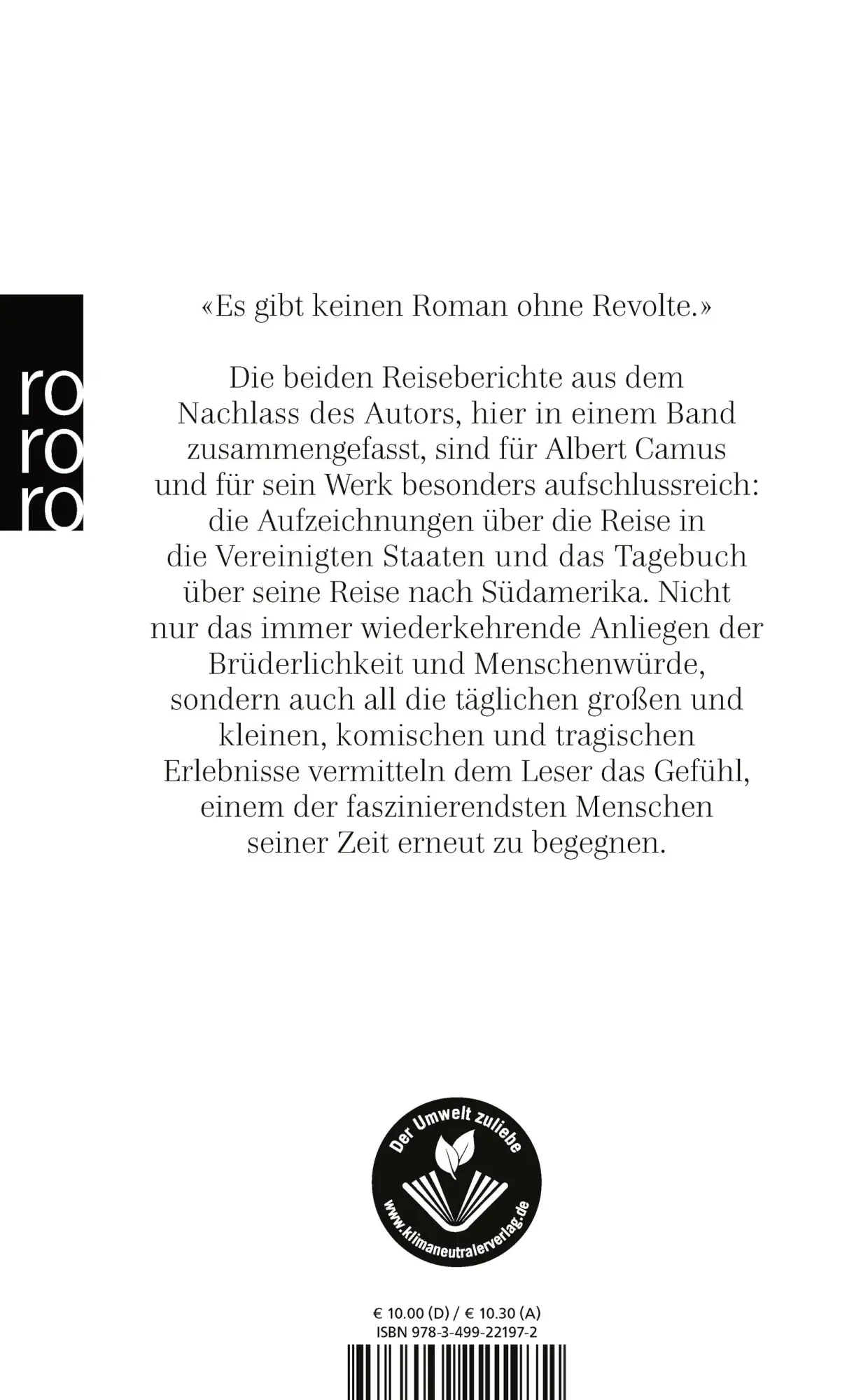 Rückseite: 9783499221972 | Reisetagebücher | Albert Camus | Taschenbuch | 124 S. | Deutsch | 1997