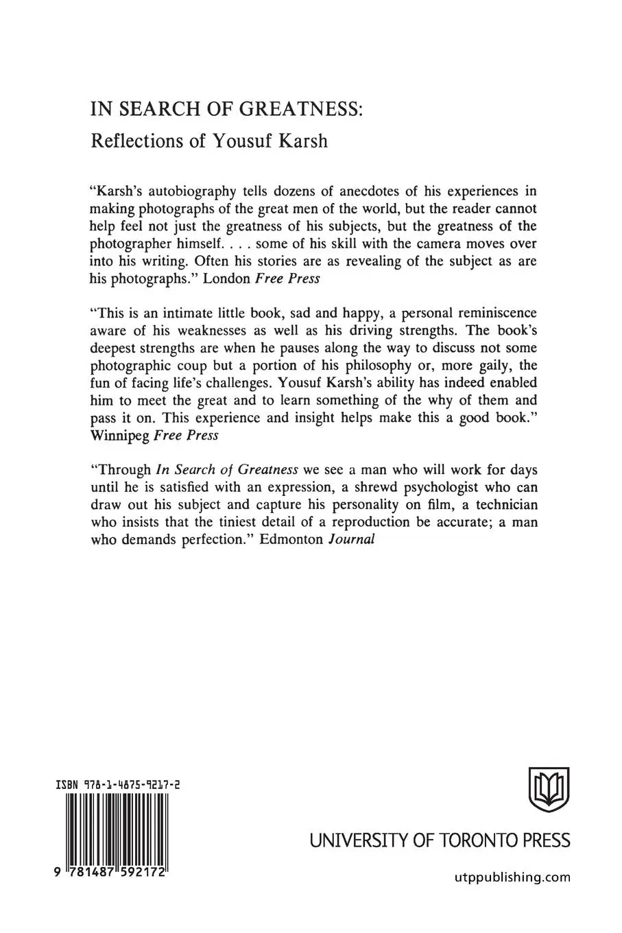 Rückseite: 9781487592172 | In Search of Greatness | Reflections of Yousuf Karsh | Yousef Karsh