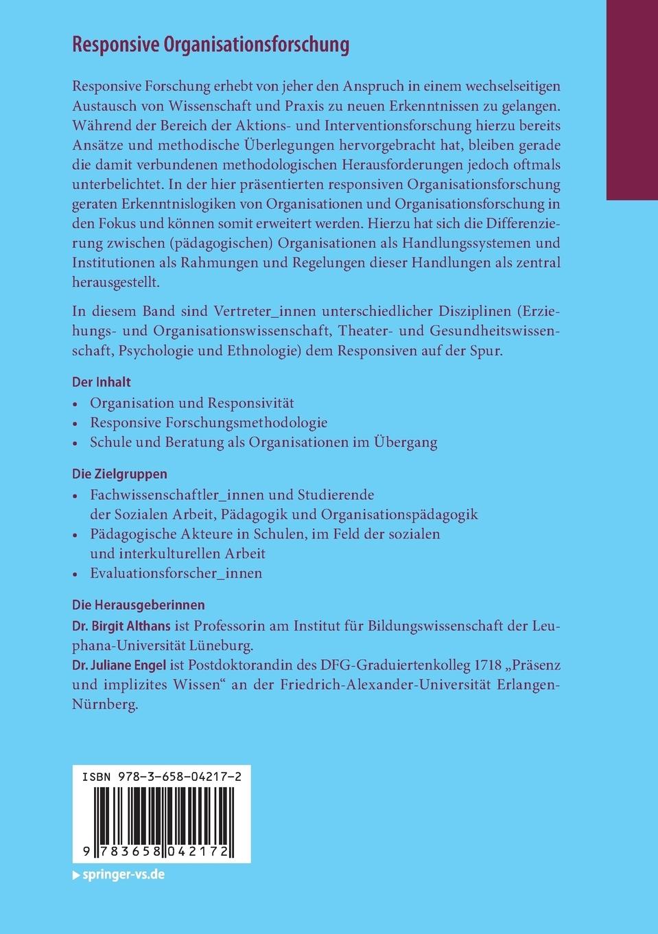 Rückseite: 9783658042172 | Responsive Organisationsforschung | Birgit Althans (u. a.) | Buch | vi