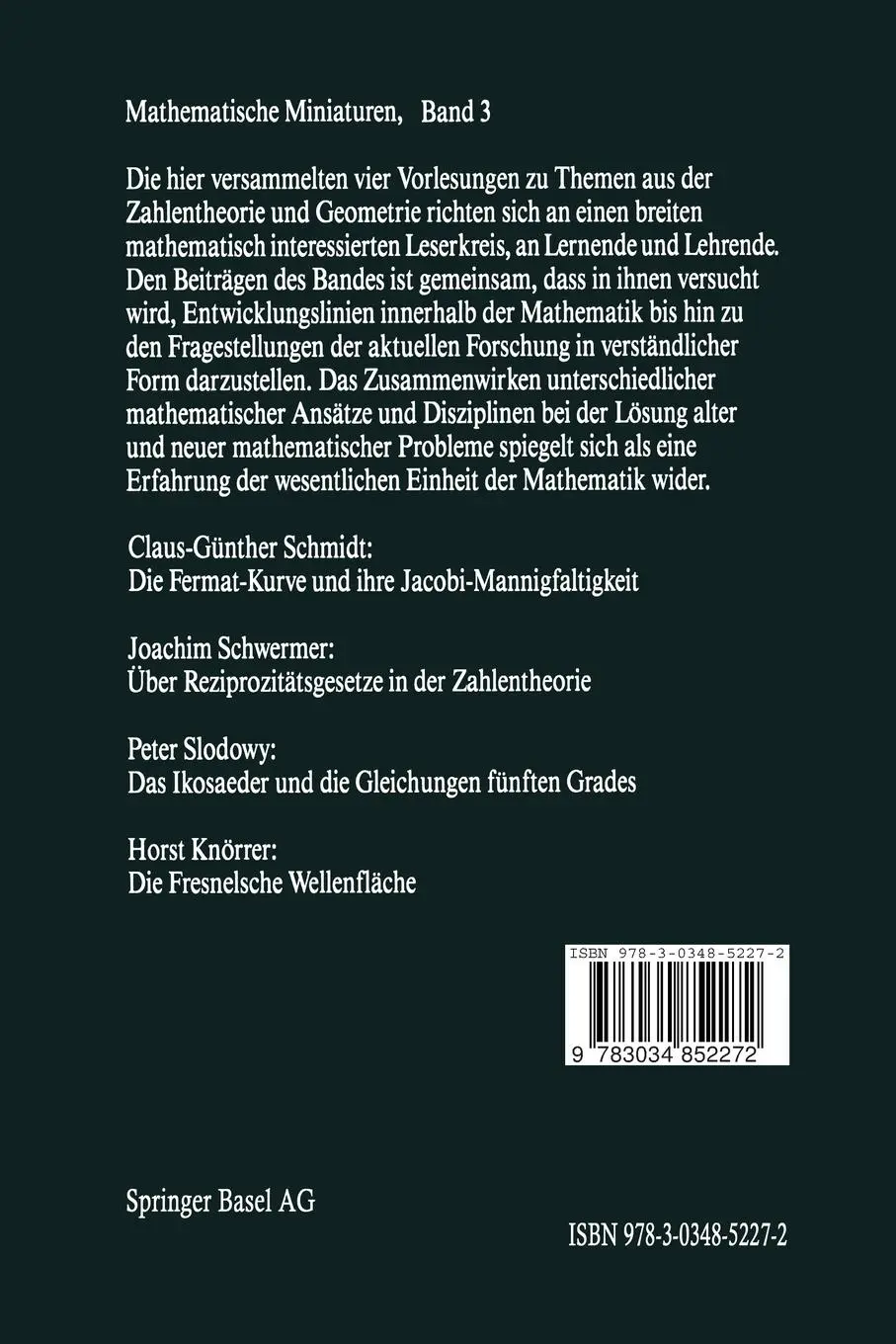 Rückseite: 9783034852272 | Arithmetik und Geometrie | Vier Vorlesungen | J. Schwermer (u. a.)