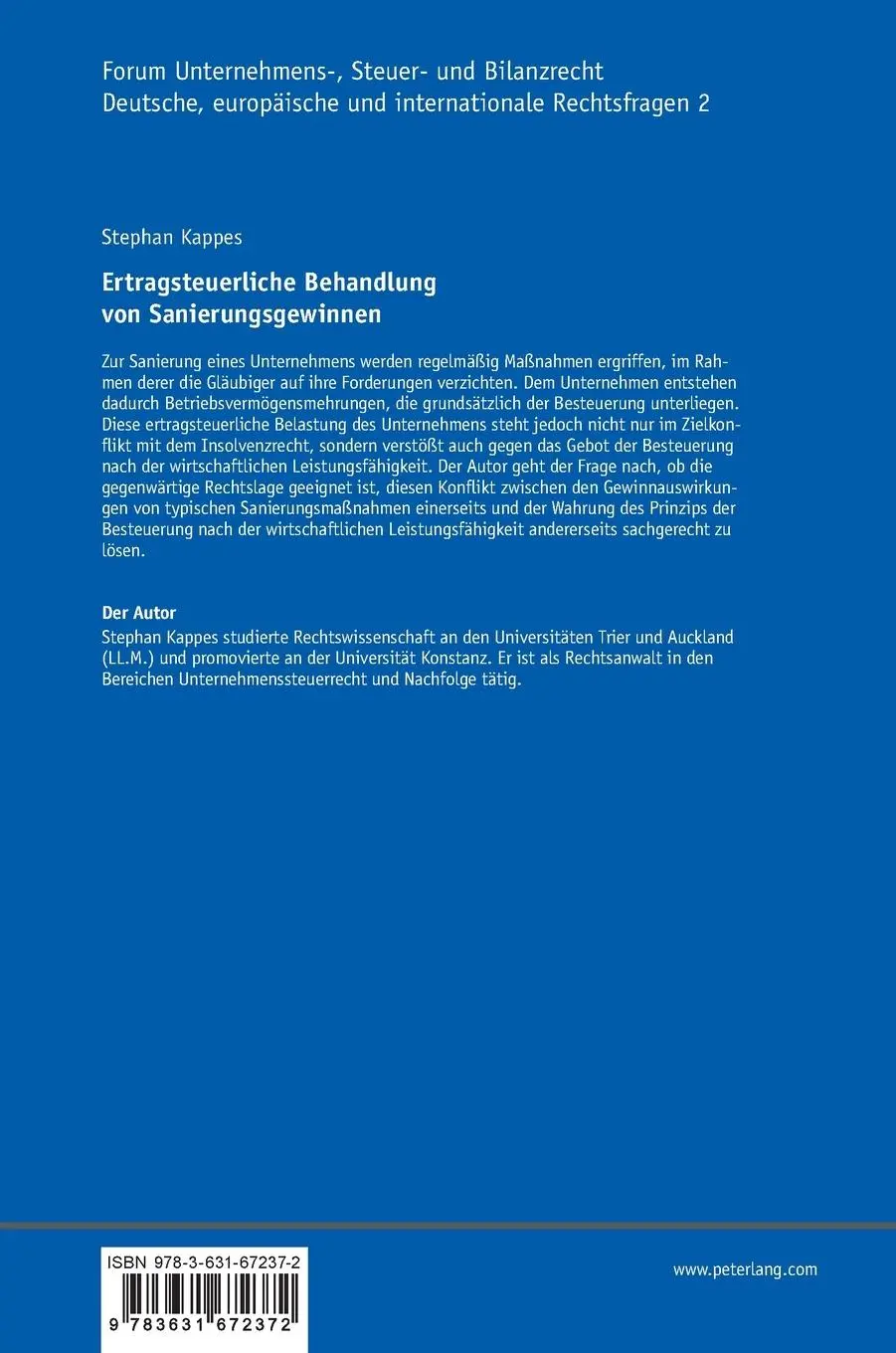 Rückseite: 9783631672372 | Ertragsteuerliche Behandlung von Sanierungsgewinnen | Stephan Kappes