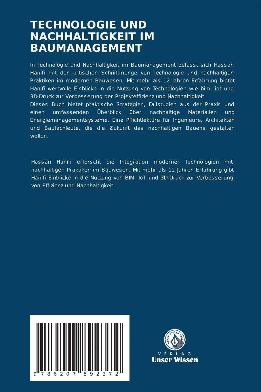 Rückseite: 9786207892372 | TECHNOLOGIE UND NACHHALTIGKEIT IM BAUMANAGEMENT | Hassan Hanifi | Buch