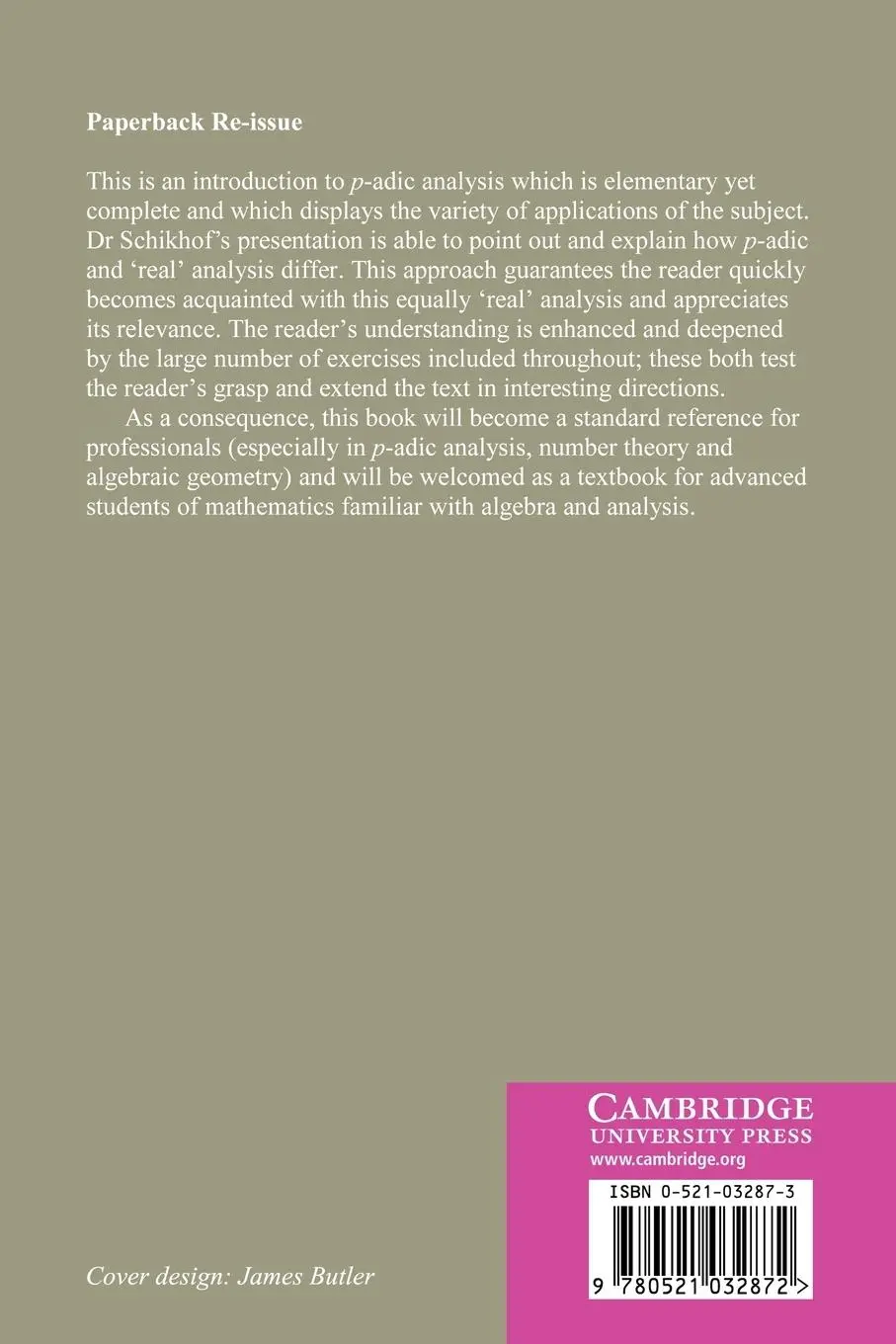Rückseite: 9780521032872 | Ultrametric Calculus | An Introduction to P-Adic Analysis | Schikhof