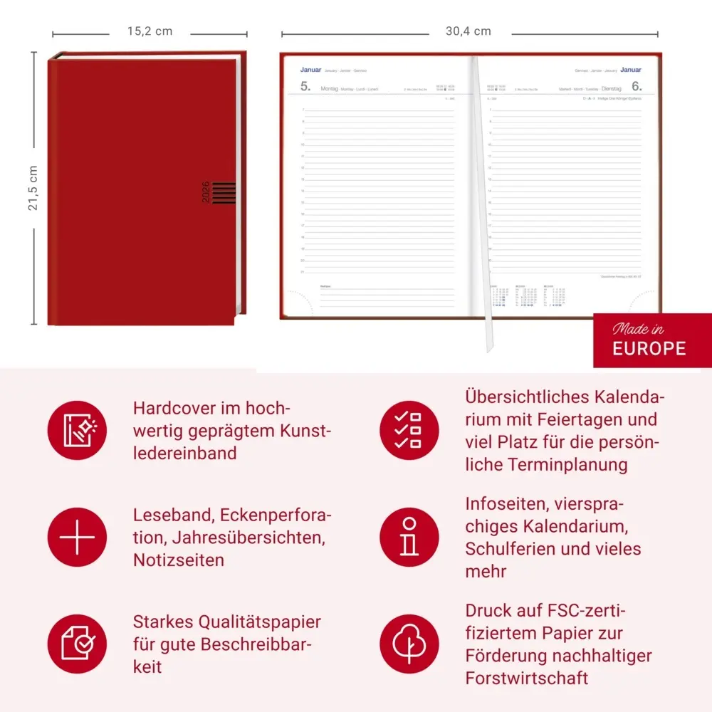 Bild: 9783756413072 | Tages-Cheftimer A5, rot 2026 | Heye | Buch | Bürokalender Heye | 2026