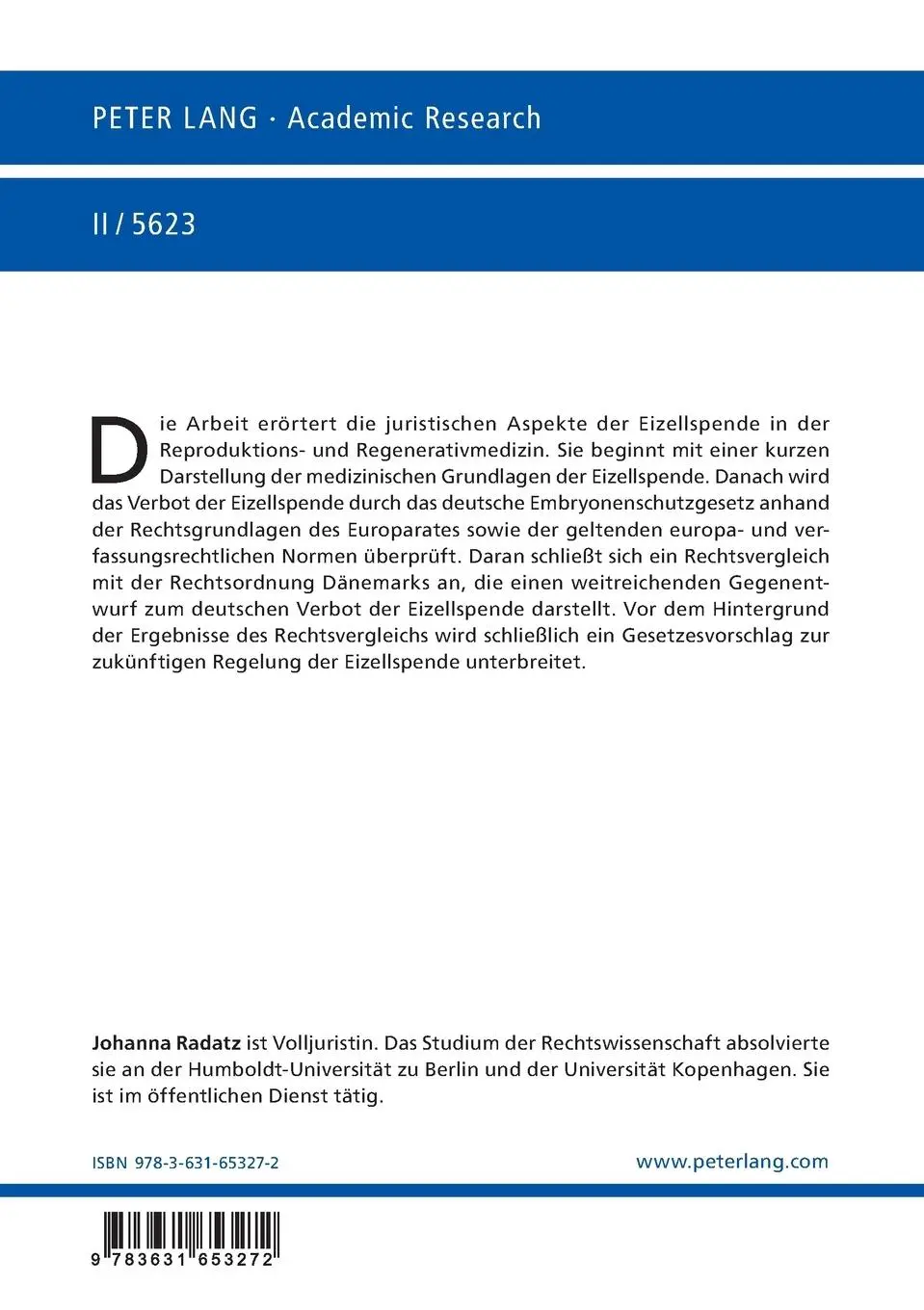 Rückseite: 9783631653272 | Die Eizellspende im deutschen und dänischen Recht | Johanna Radatz