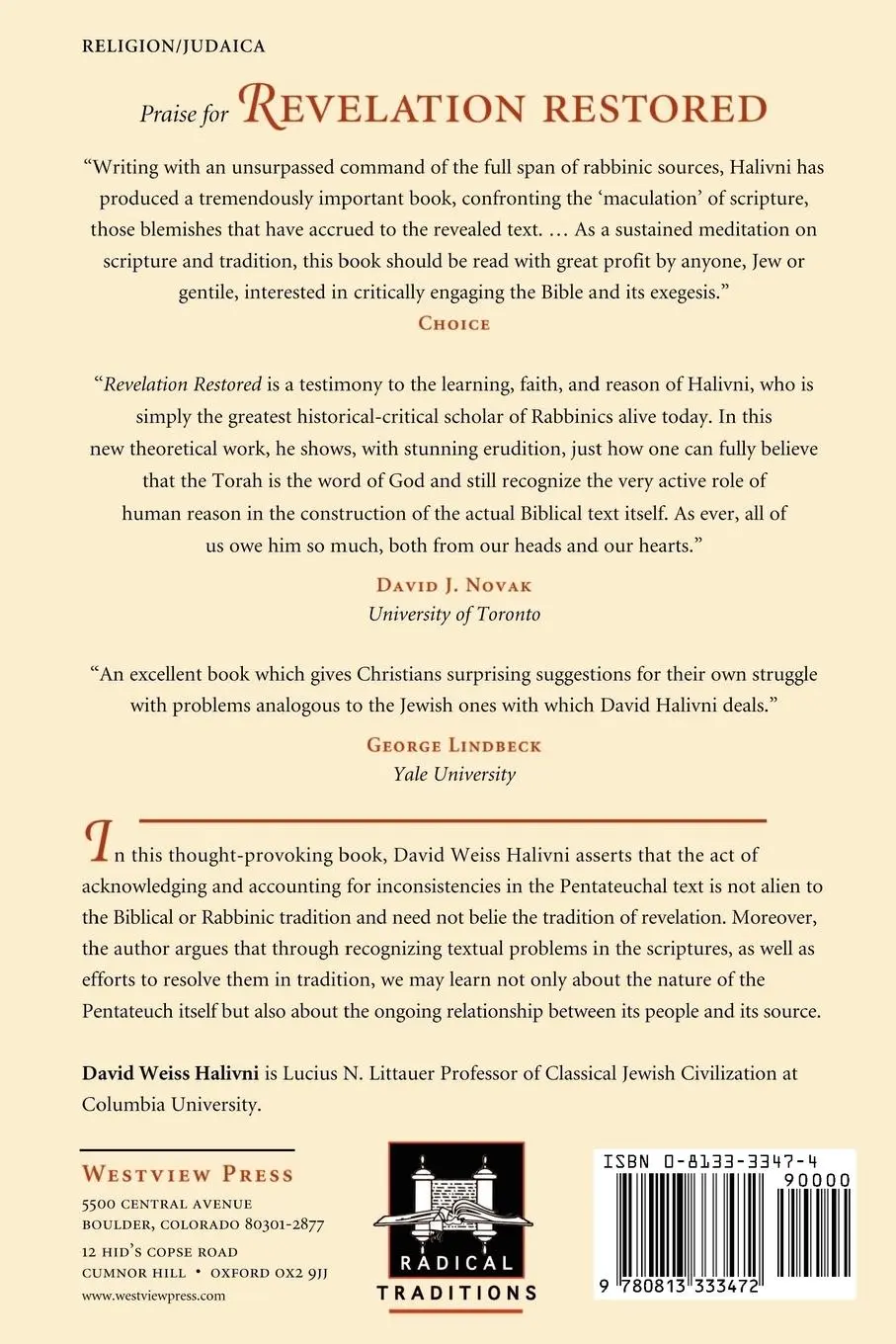 Rückseite: 9780813333472 | Revelation Restored | Divine Writ And Critical Responses | Halivni