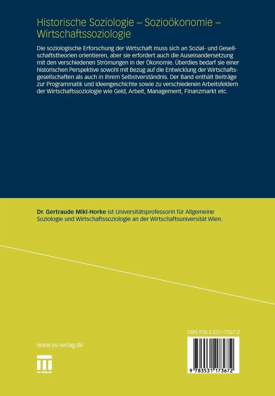 Rückseite: 9783531173672 | Historische Soziologie - Sozioökonomie - Wirtschaftssoziologie | Buch