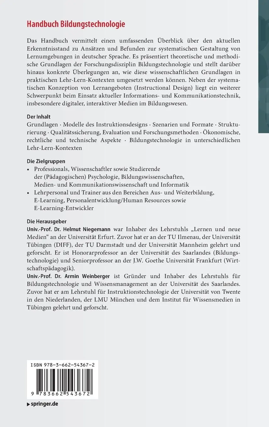 Rückseite: 9783662543672 | Handbuch Bildungstechnologie | Armin Weinberger (u. a.) | Buch | XIV