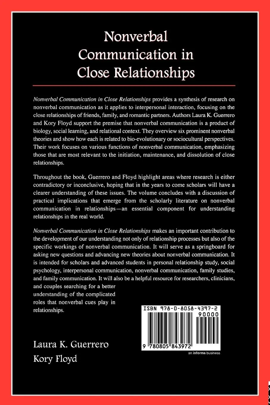 Rückseite: 9780805843972 | Nonverbal Communication in Close Relationships | Guerrero (u. a.)