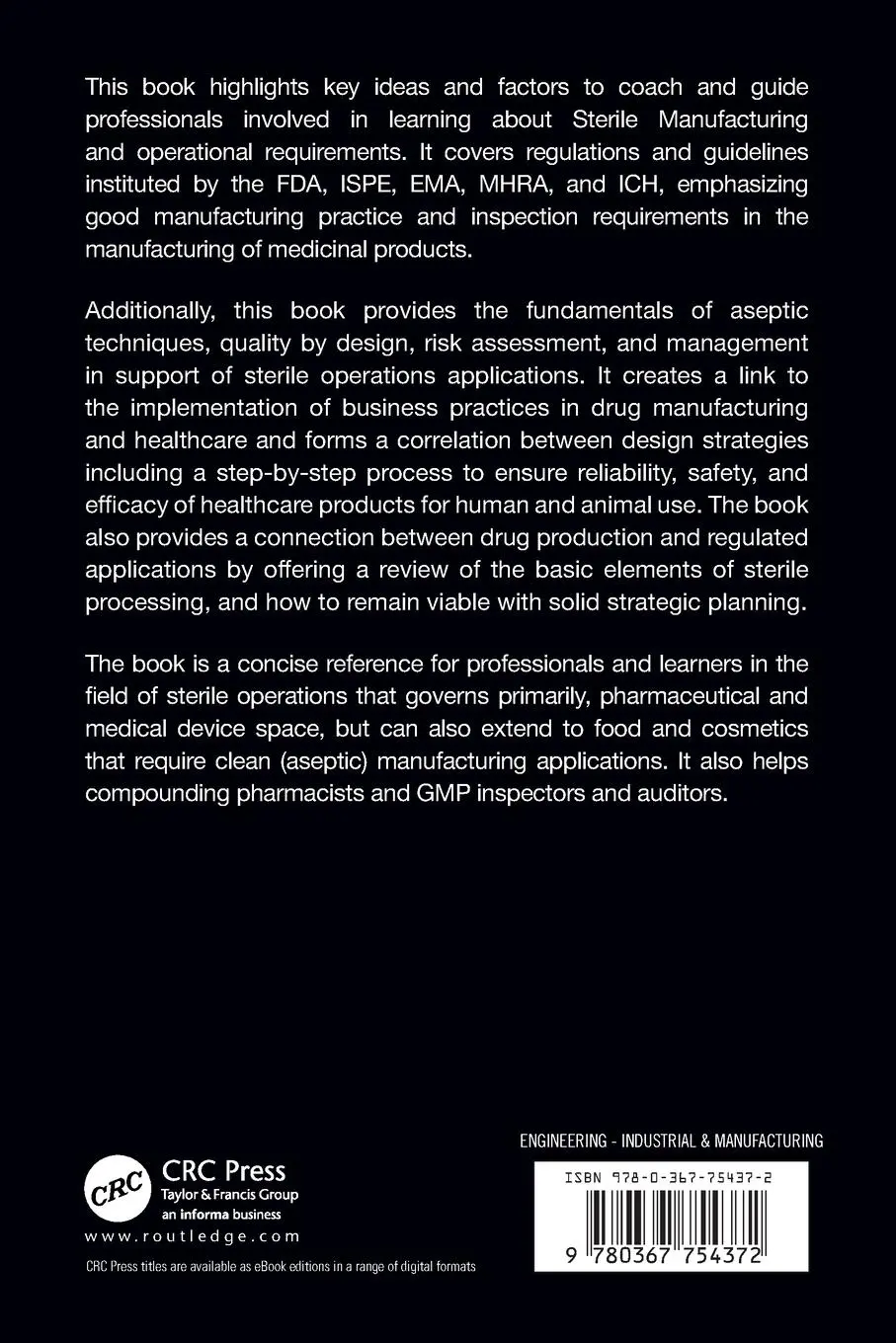 Rückseite: 9780367754372 | Sterile Manufacturing | Regulations, Processes, and Guidelines | Hout