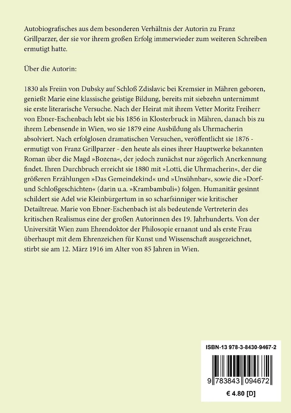 Rückseite: 9783843094672 | Meine Erinnerungen an Grillparzer | Marie von Ebner-Eschenbach | Buch