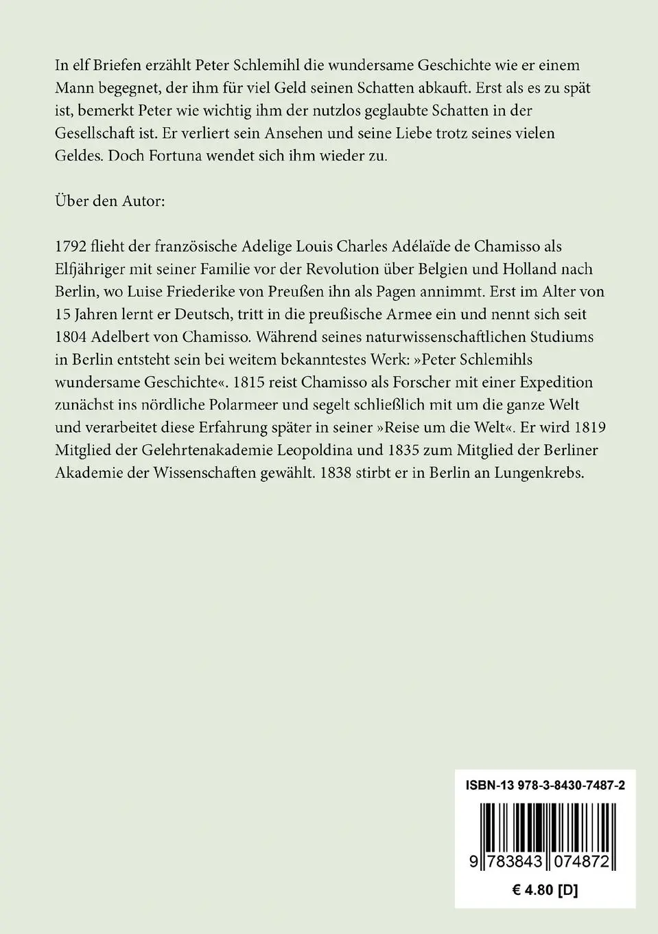 Rückseite: 9783843074872 | Peter Schlemihls wundersame Geschichte | Adelbert Von Chamisso | Buch