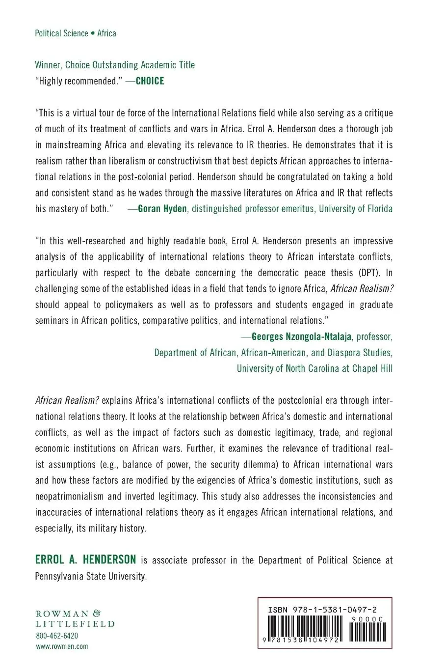 Rückseite: 9781538104972 | African Realism? | Errol A. Henderson | Taschenbuch | Englisch | 2017