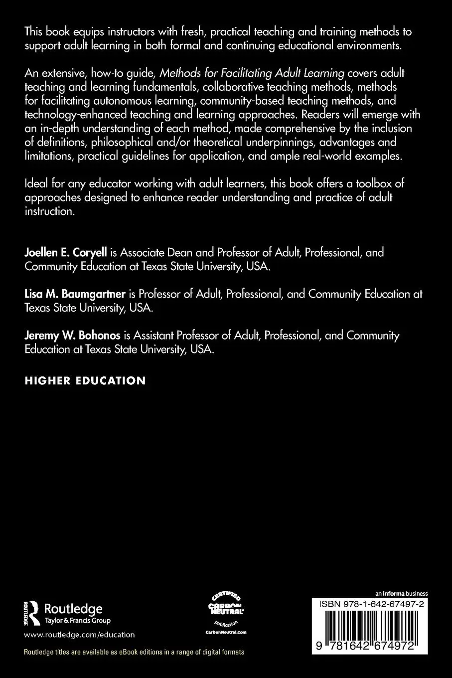 Rückseite: 9781642674972 | Methods for Facilitating Adult Learning | Joellen E. Coryell (u. a.)