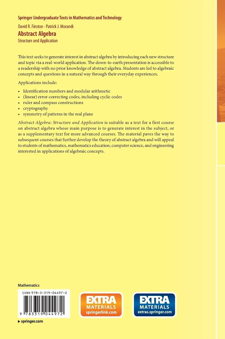 Rückseite: 9783319044972 | Abstract Algebra | Structure and Application | Morandi (u. a.) | Buch