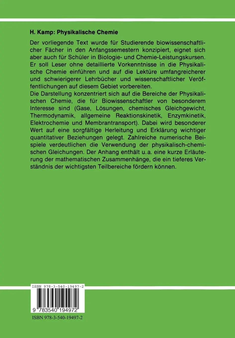 Rückseite: 9783540194972 | Physikalische Chemie | Grundlagen für Biowissenschaftler | Kamp | Buch