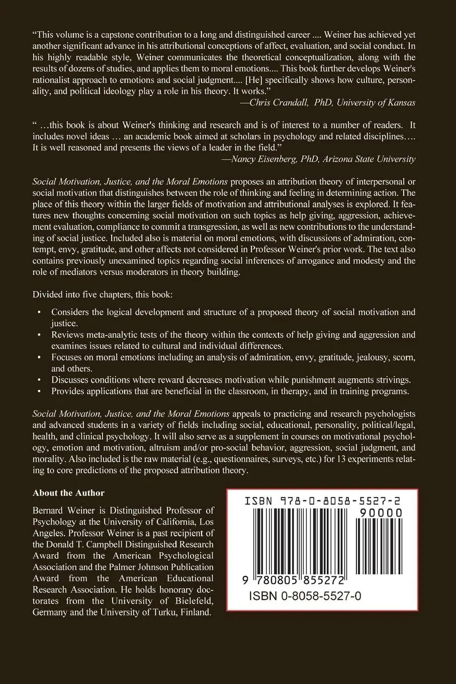 Rückseite: 9780805855272 | Social Motivation, Justice, and the Moral Emotions | Bernard Weiner